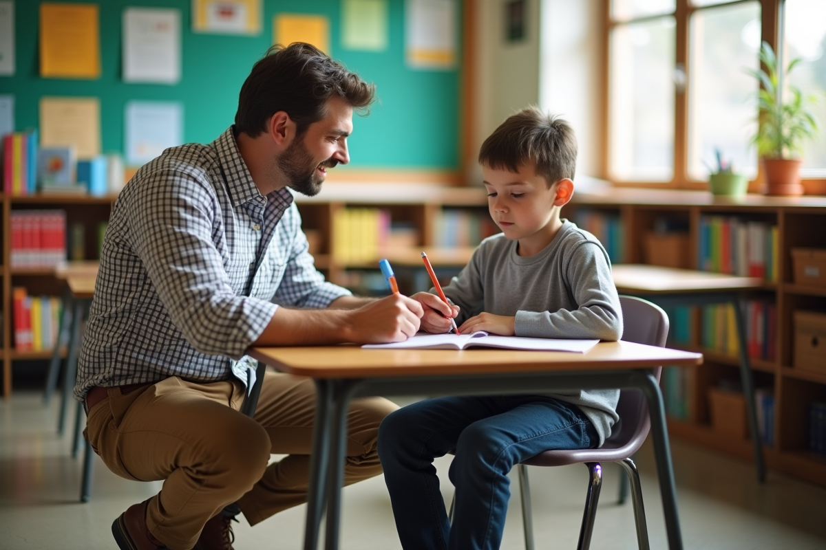 Professeur encourage un élève dans une classe lumineuse