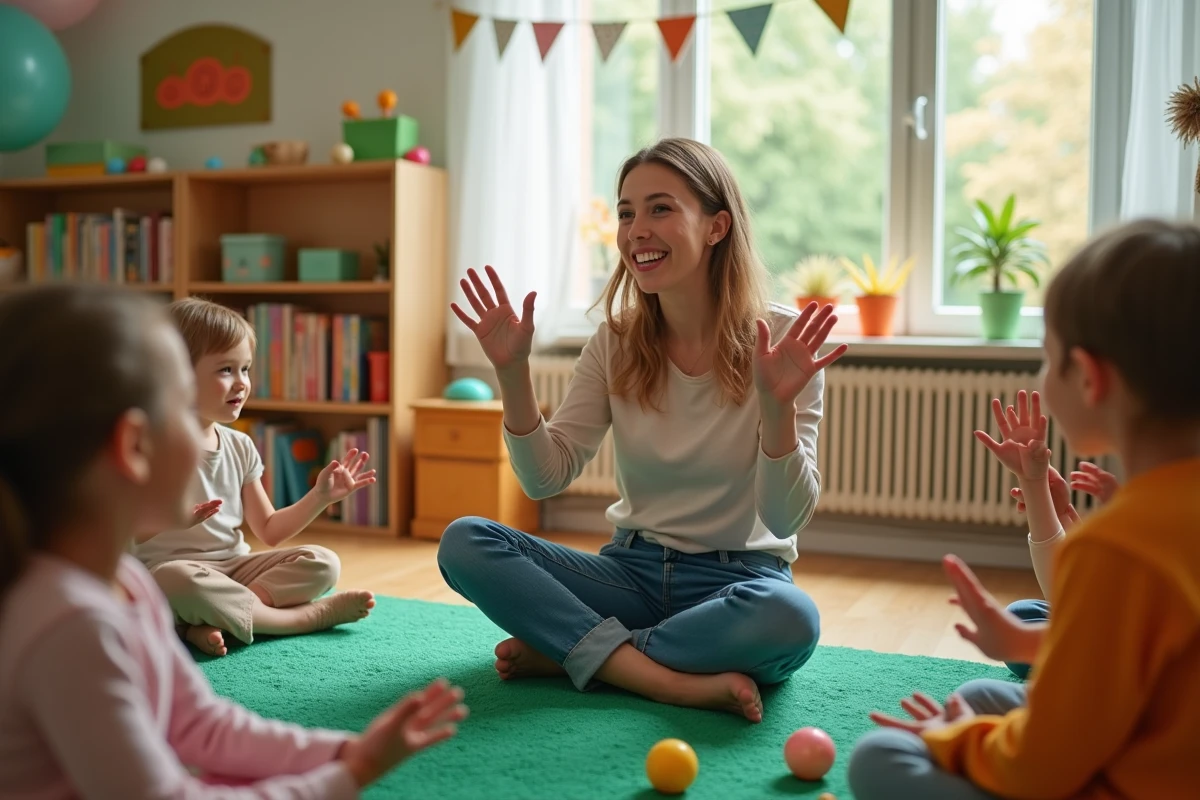 Enseignante montrant les gestes de l’escargot avec des enfants en classe