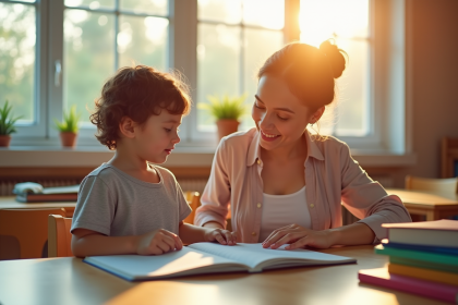 Enseignante attentive avec un enfant dans une classe lumineuse