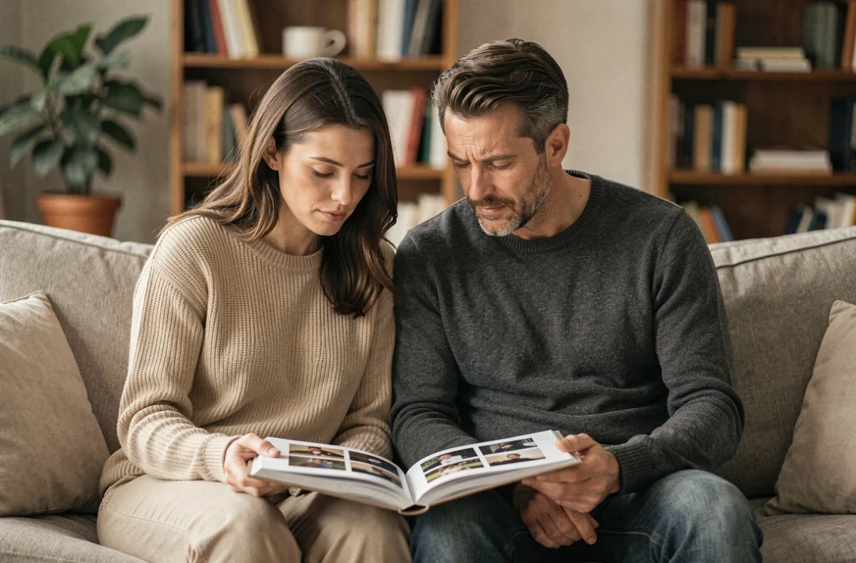 Frère et sœur adultes assis ensemble sur un canapé regardant un album photo en mémoire d'un proche disparu, illustrant le soutien familial lors de l'anniversaire d'un deuil