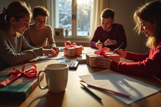 Famille préparant des cadeaux de Noël en famille