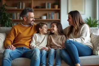 Famille de quatre discutant dans un salon moderne