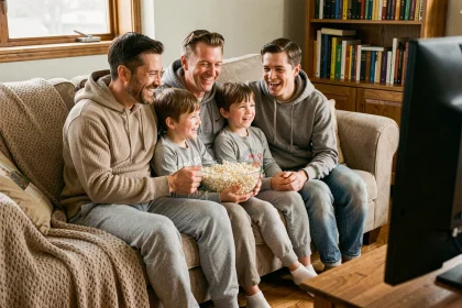 Famille avec enfants regardant un film rigolo ensemble sur le canapé du salon un week-end