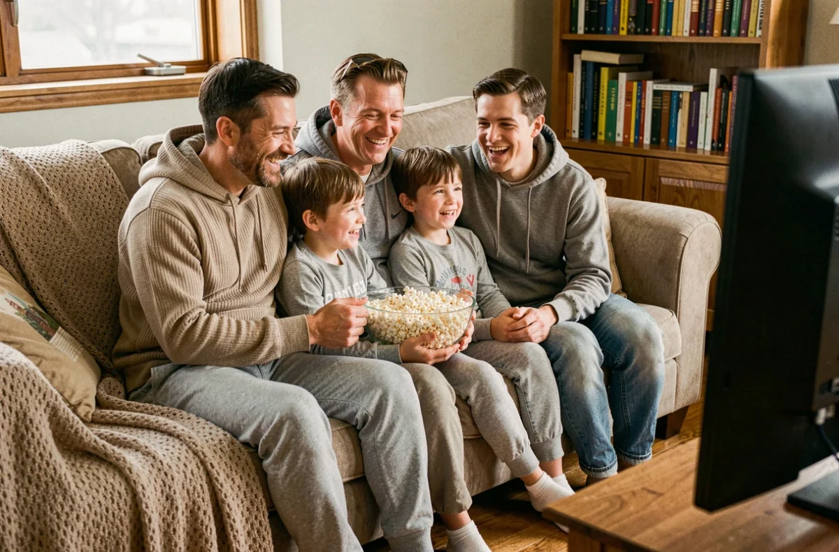 Famille avec enfants regardant un film rigolo ensemble sur le canapé du salon un week-end