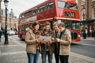 Famille française consultant un calendrier scolaire devant un bus rouge londonien en automne