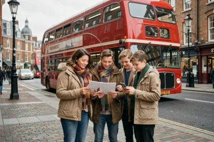 Famille française consultant un calendrier scolaire devant un bus rouge londonien en automne