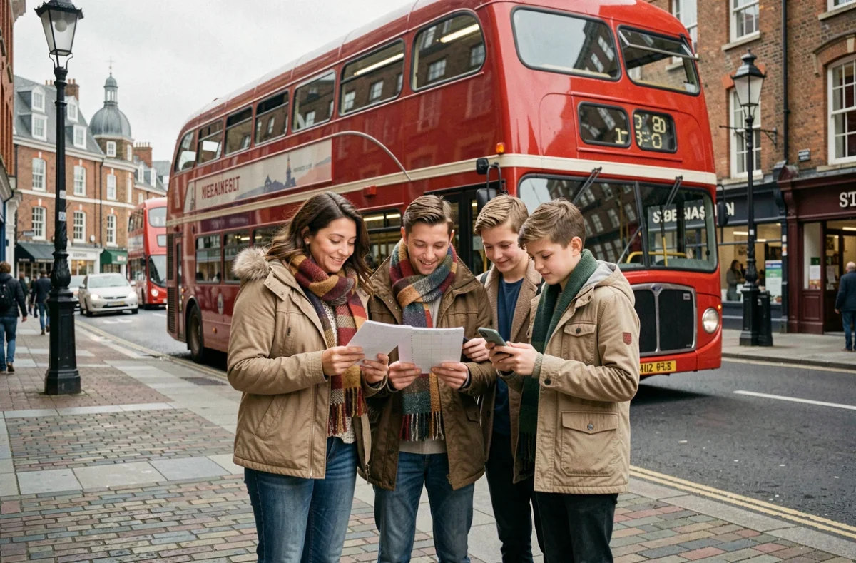 Famille française consultant un calendrier scolaire devant un bus rouge londonien en automne