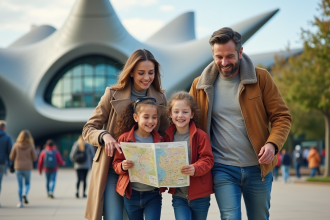 Famille souriante devant l'entrée futuriste de Futuroscope
