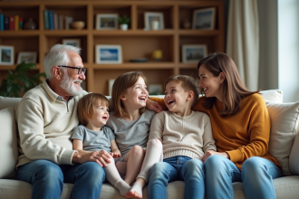 Famille multigeneration souriante dans le salon chaleureux