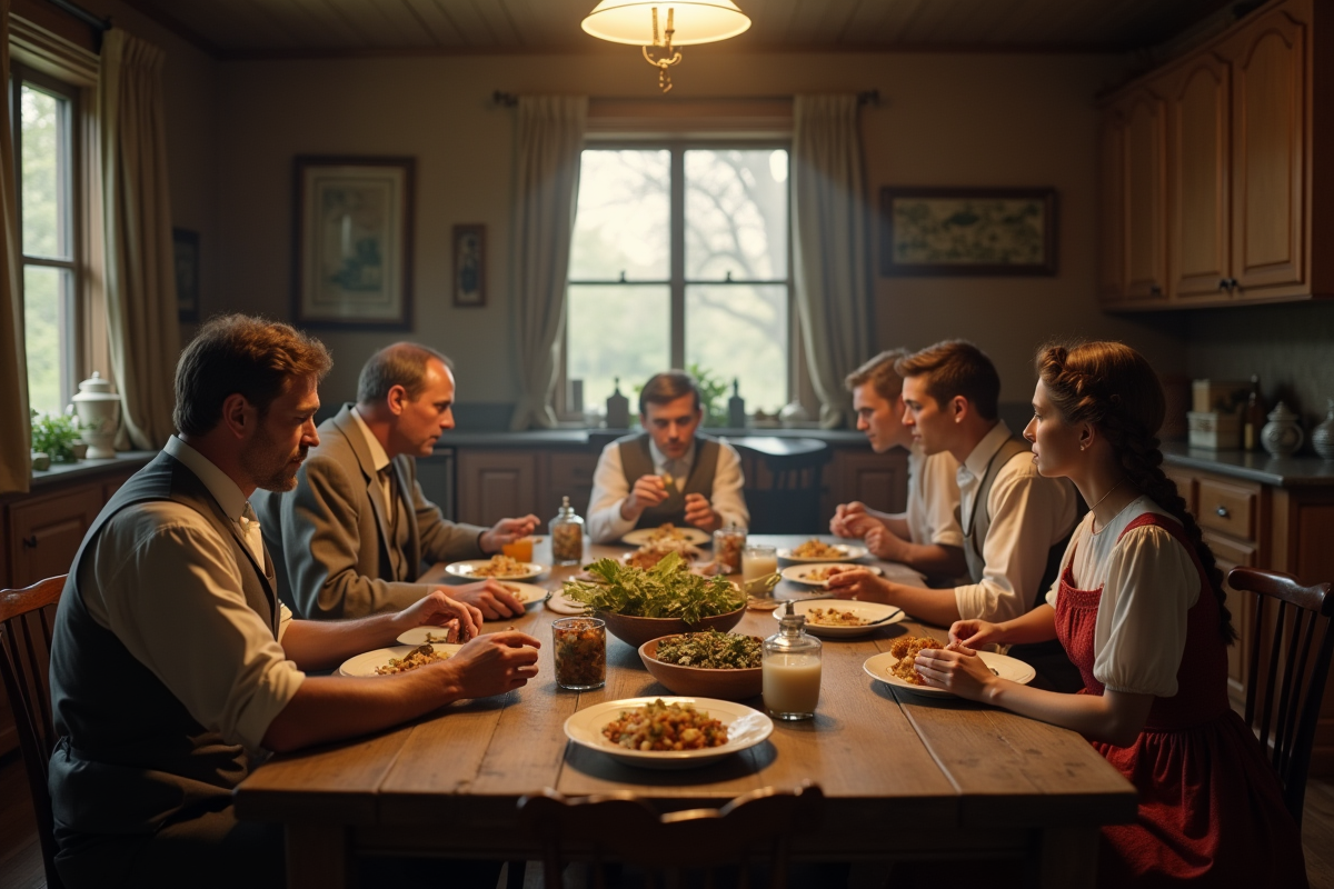 Famille du début 1900 partageant un repas dans une maison rustique