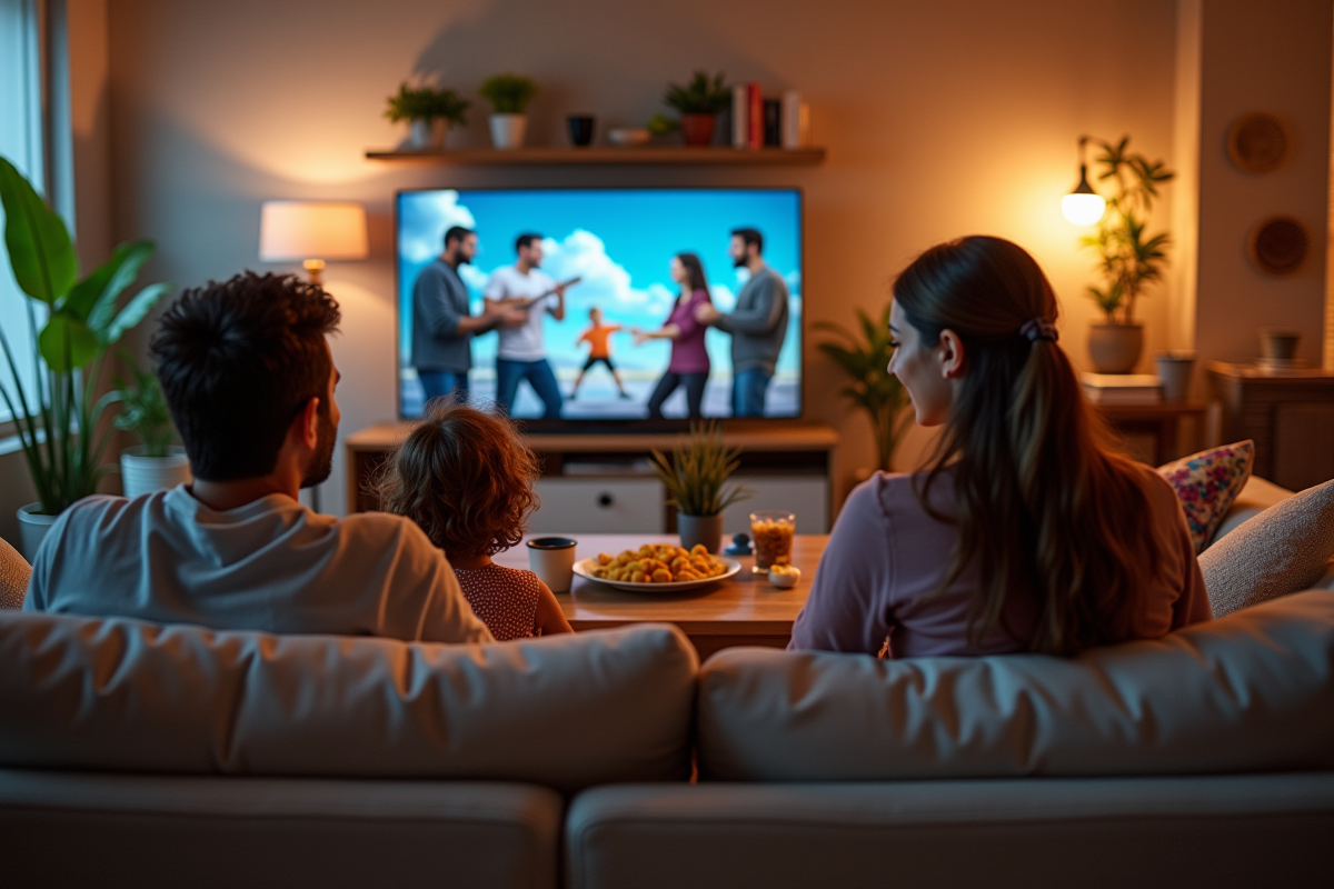 Famille jouant ensemble à un jeu vidéo dans le salon