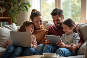 Famille moderne diverse souriante dans un salon lumineux