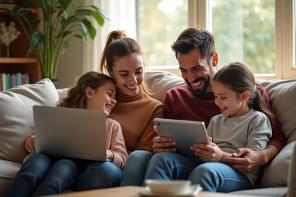 Famille moderne diverse souriante dans un salon lumineux