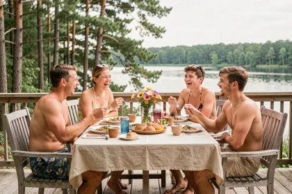 Famille multigénérationnelle en maillot de bain partageant un repas sur une terrasse en bois au bord d'un lac, dans une atmosphère détendue et naturelle