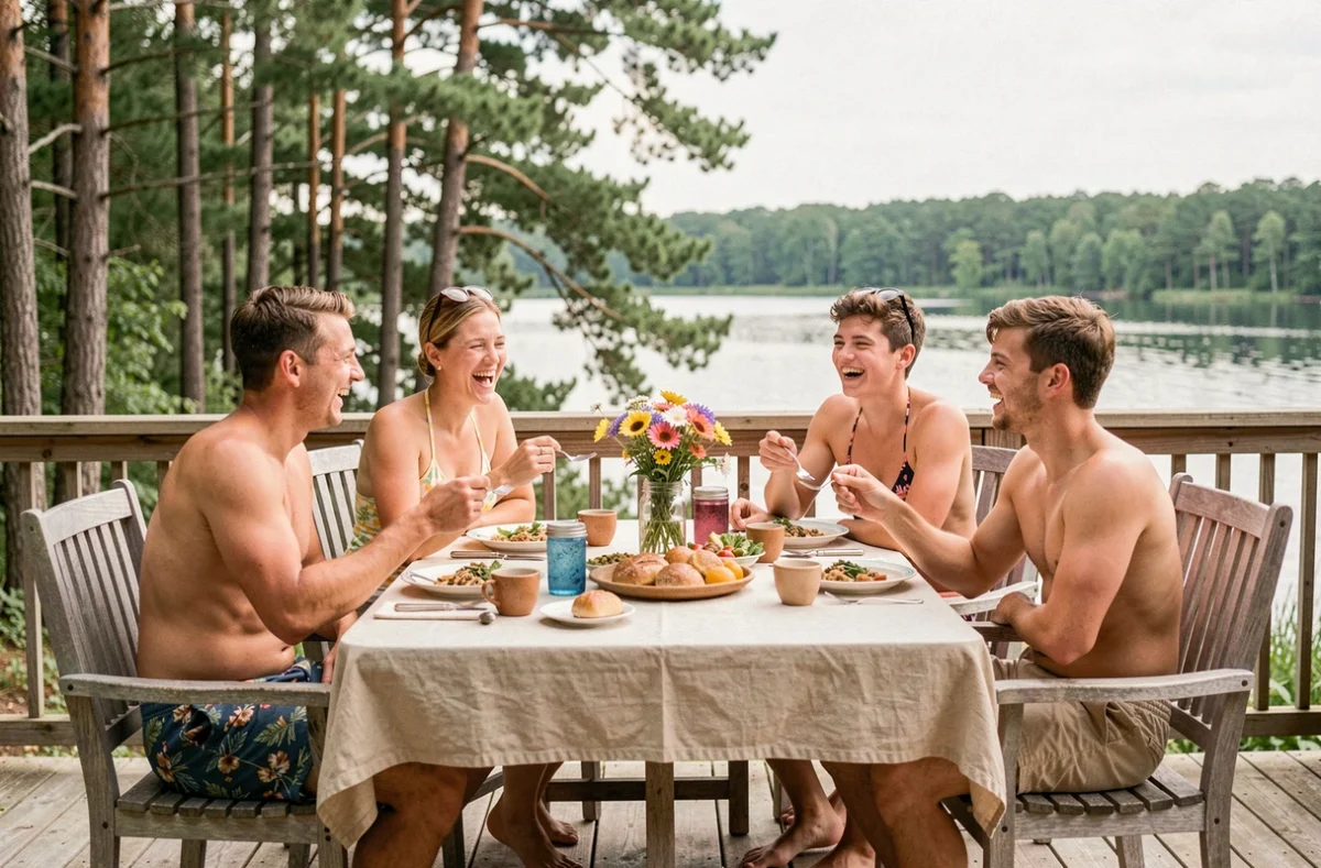 Famille multigénérationnelle en maillot de bain partageant un repas sur une terrasse en bois au bord d'un lac, dans une atmosphère détendue et naturelle