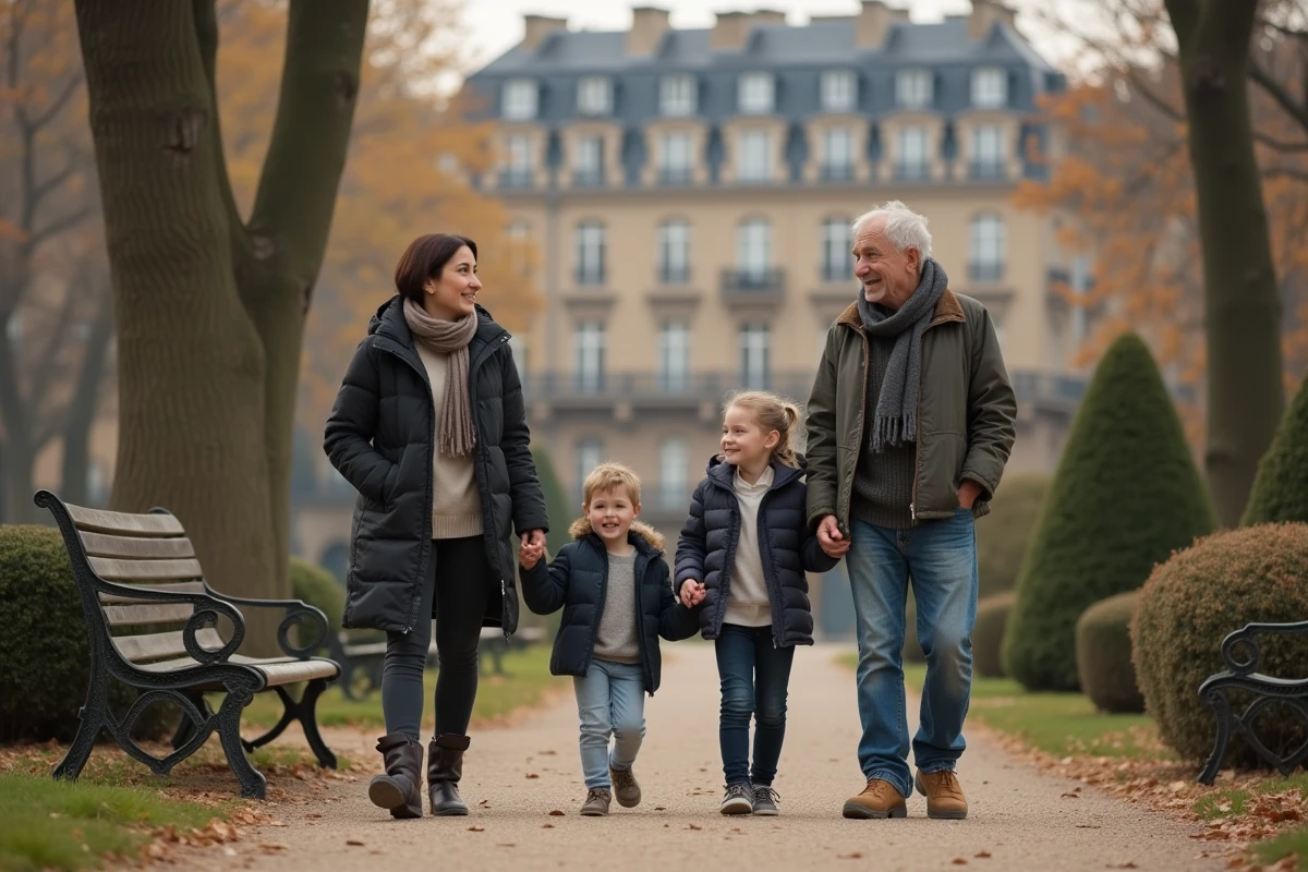 Famille relaxant dans un parc parisien en automne