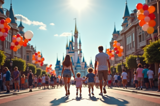 Famille heureuse marchant dans un parc d'attractions avec château en arrière-plan
