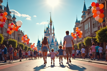 Famille heureuse marchant dans un parc d'attractions avec château en arrière-plan