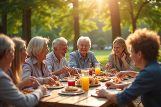 Famille multigenerations partageant un pique-nique en plein air