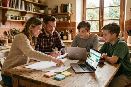 Famille qui planifie les vacances scolaires 2026-2027 autour d'un calendrier sur une table de cuisine