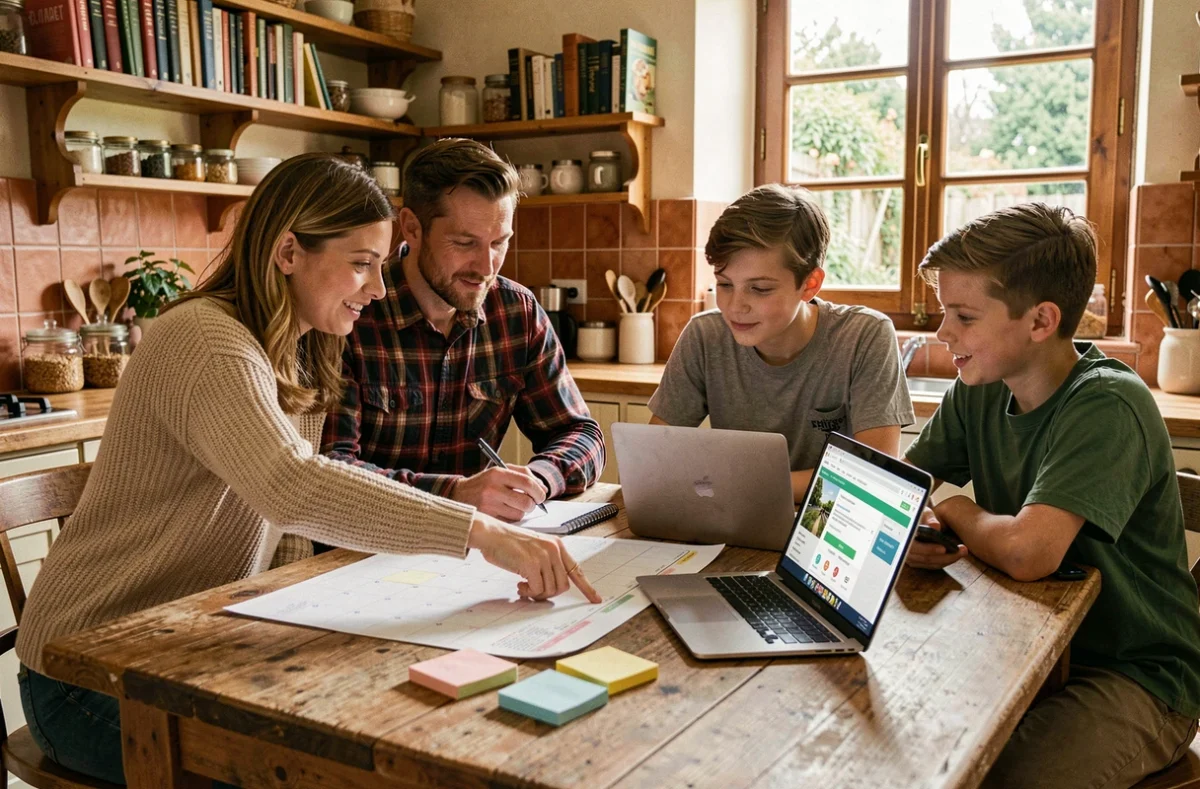Famille qui planifie les vacances scolaires 2026-2027 autour d'un calendrier sur une table de cuisine