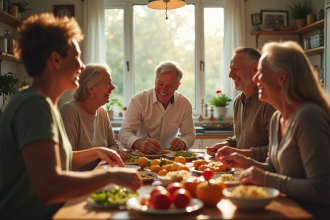 Famille multigenerations partageant un repas dans la cuisine