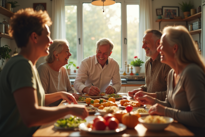 Famille multigenerations partageant un repas dans la cuisine