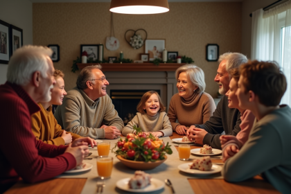 Famille multigenerational partageant un repas convivial à l'intérieur