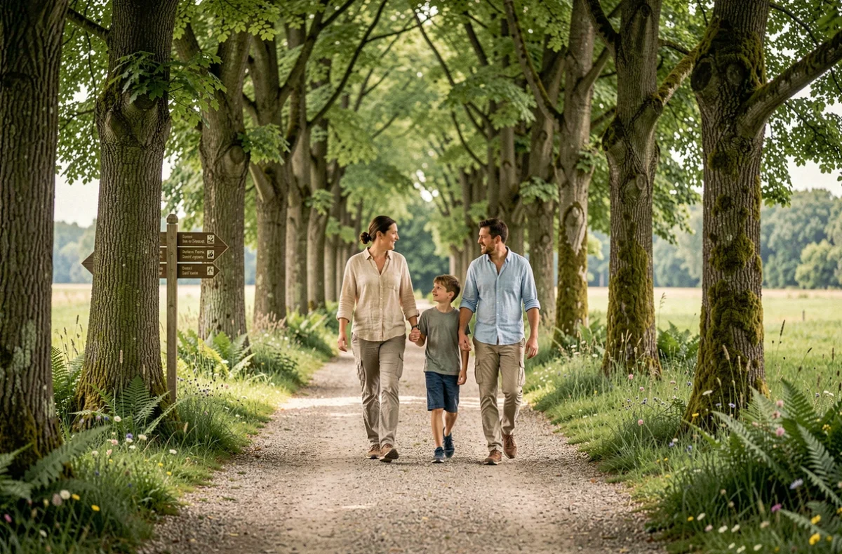 Famille en promenade sur un sentier boisé dans le parc naturel près de La Panne en Belgique