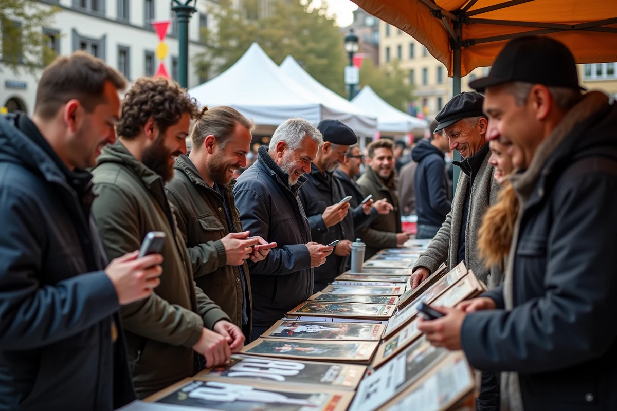 Fans enthousiastes découvrant des souvenirs d