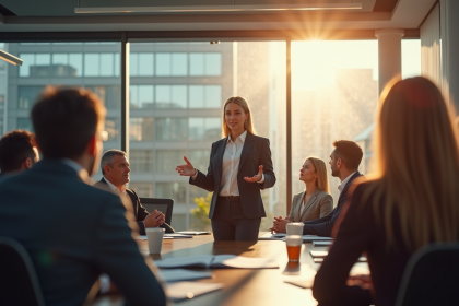 Femme d'affaires confiante lors d'une réunion en bureau lumineux