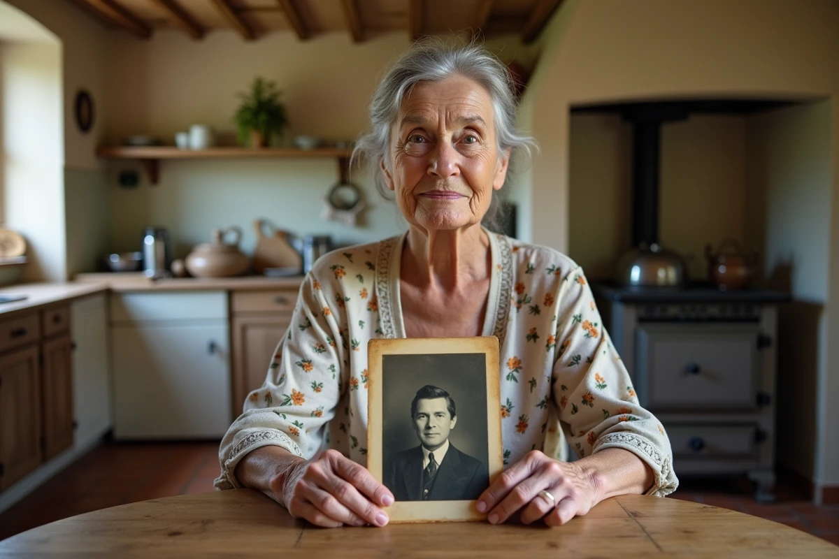Femme âgée tenant une ancienne photographie de famille en noir et blanc dans une cuisine de ferme traditionnelle française