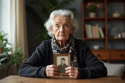 Femme &acirc;g&eacute;e tenant une photo nostalgique dans un salon chaleureux