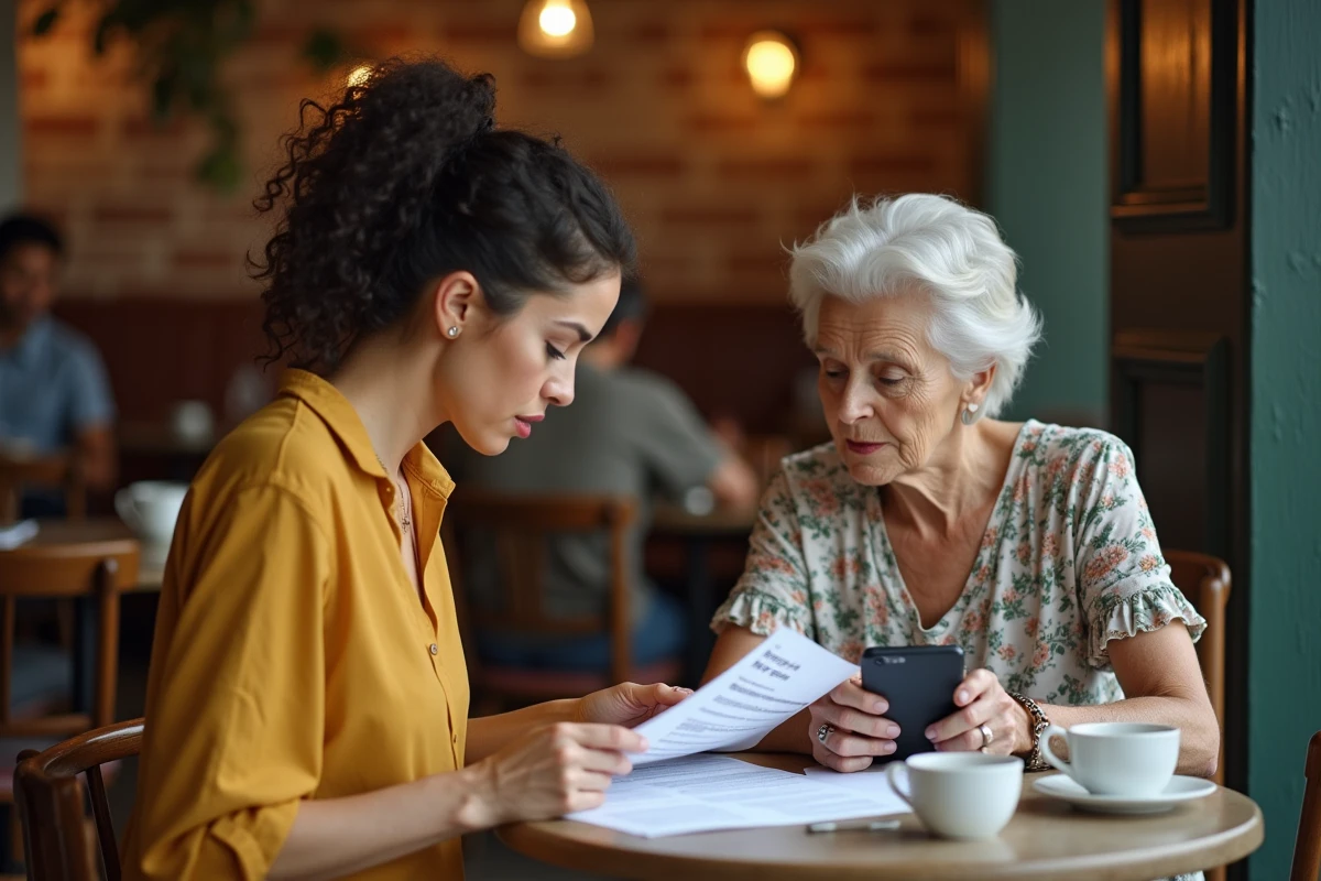 Une femme adulte accompagnant une proche dans ses démarches de changement d'adresse à la CAF autour d'un café