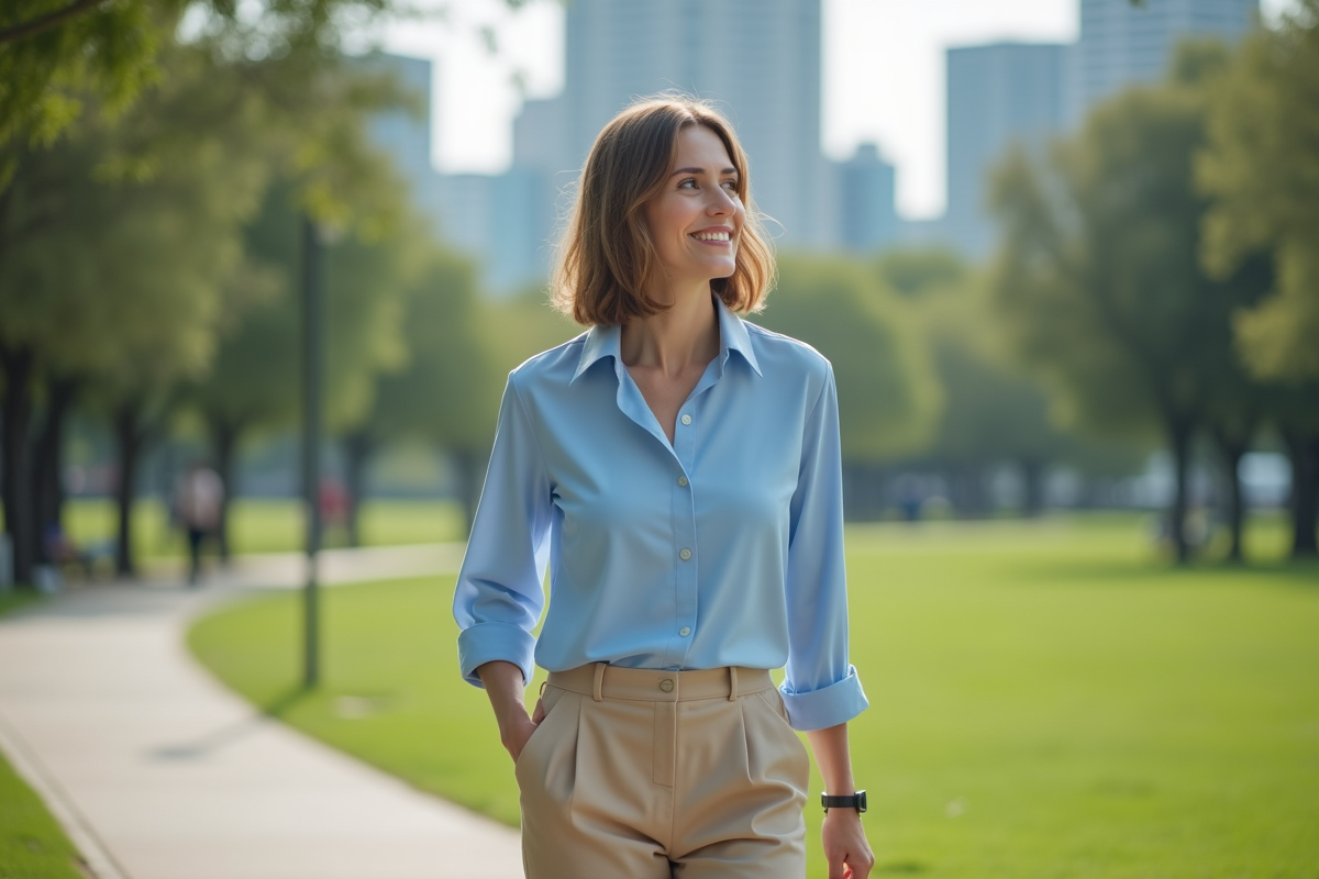 Femme souriante se promenant dans un parc urbain