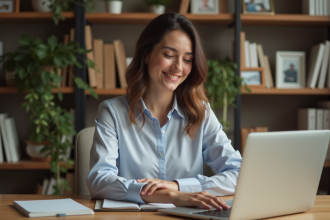 Femme au bureau à domicile souriante et fermant son ordinateur