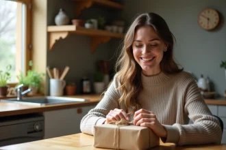 Femme souriante emballant un cadeau fait main dans une cuisine chaleureuse