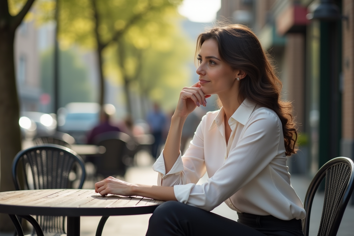 Femme assise pensivement dans un café en ville