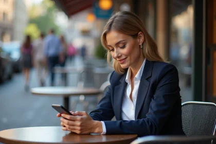 Femme &eacute;l&eacute;gante au caf&eacute; en ville avec sourire contemplatif