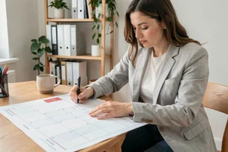 Femme organisant un calendrier semaines paires et impaires 2026 sur un bureau en bois dans un bureau à domicile