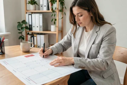 Femme organisant un calendrier semaines paires et impaires 2026 sur un bureau en bois dans un bureau à domicile