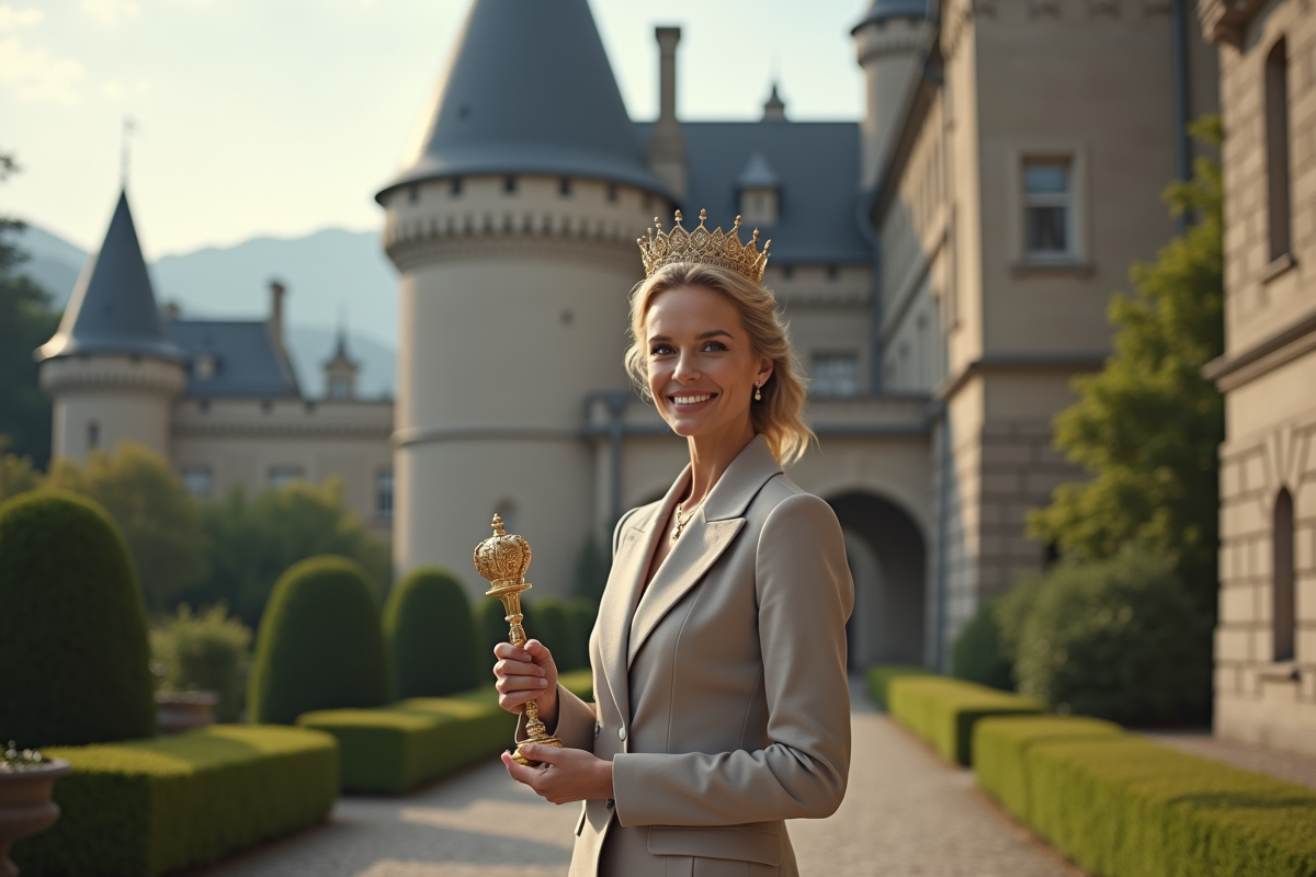 Femme moderne debout devant un chateau avec un costume élégant