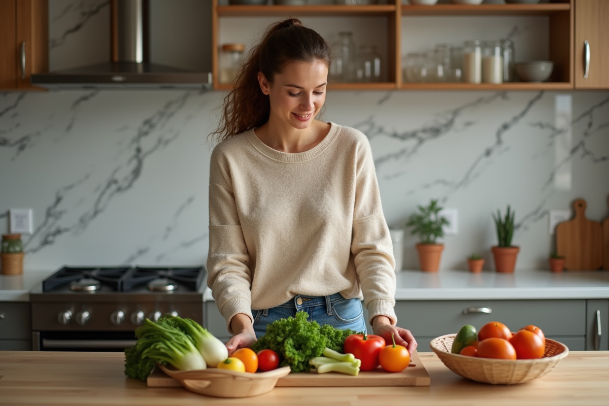 Femme en cuisine arrangeant des légumes colorés