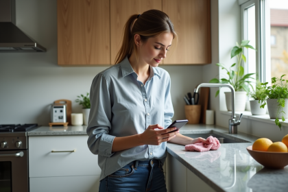 Femme en cuisine moderne nettoyant le plan de travail