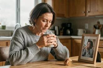 Femme d'une cinquantaine d'années seule à une table de cuisine tenant une tasse, avec une photo encadrée d'un proche décédé, illustrant la date anniversaire d'un deuil compliqué