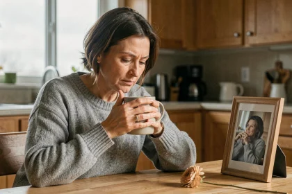 Femme d'une cinquantaine d'années seule à une table de cuisine tenant une tasse, avec une photo encadrée d'un proche décédé, illustrant la date anniversaire d'un deuil compliqué