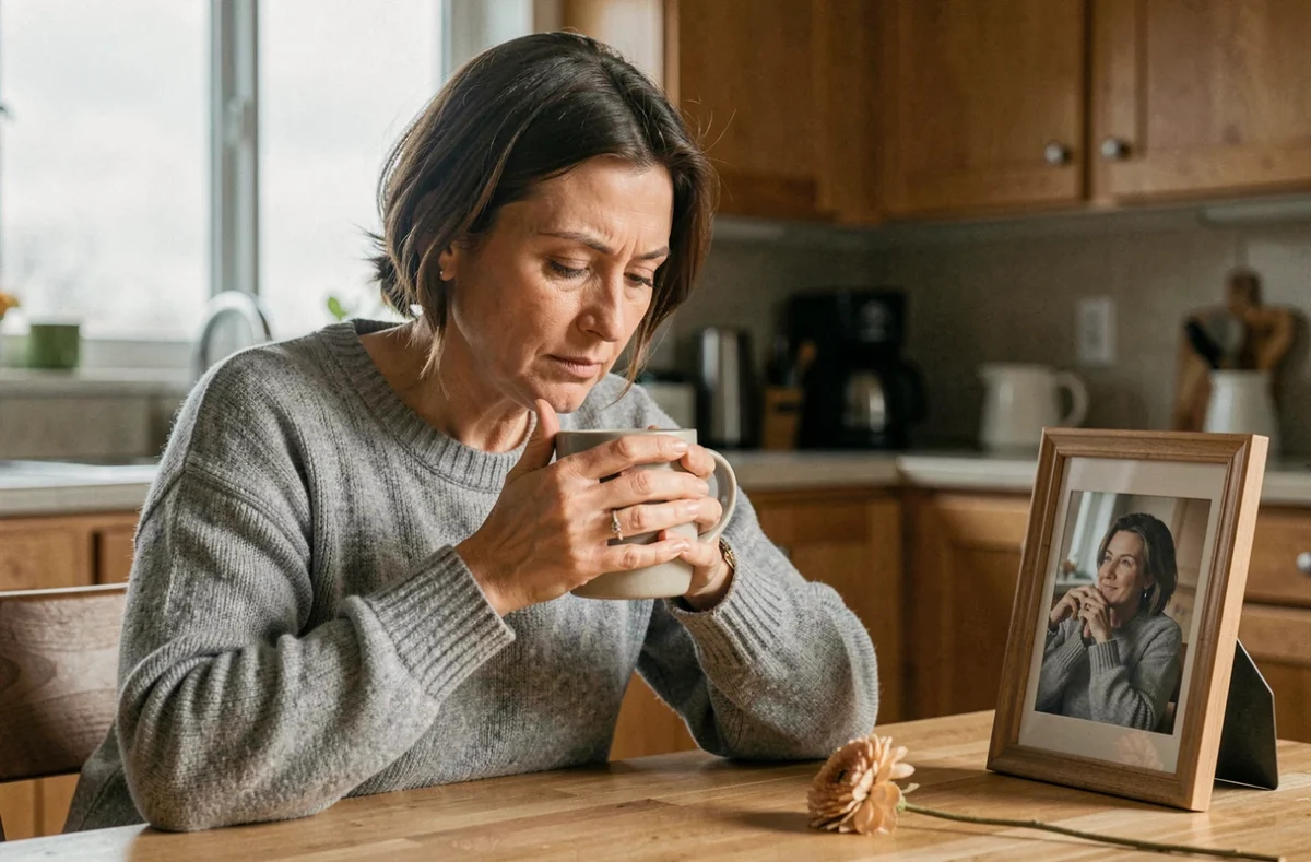 Femme d'une cinquantaine d'années seule à une table de cuisine tenant une tasse, avec une photo encadrée d'un proche décédé, illustrant la date anniversaire d'un deuil compliqué