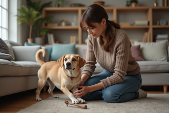 Femme calme avec chien dans un salon chaleureux