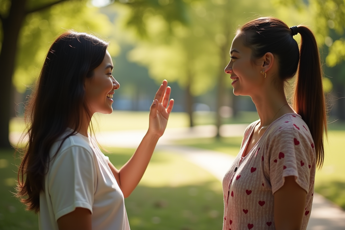 Femme levant la main pour poser des limites dans un parc en plein soleil