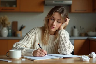 Femme écrivant un poème pour ses parents dans un carnet ouvert sur une table en bois, atmosphère chaleureuse et intime